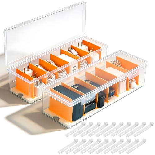 MFUSUL 2 Pièces Rangement Cable, Boite Rangement Cable Transparent avec 7 Compartiments Ajustables et 20 Attaches de CâBles, pour Le Bureau, La Maison Ou Le Bureau