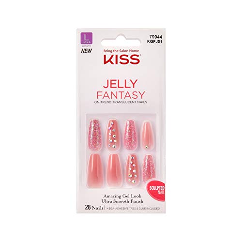 KISS Jelly Fantasy Translucent Nails Amazing Gel Look Ultra Smooth Finish Sculpted Nail - (KGFJ01) 28 Count Rosey Long Length (Pack of 3)