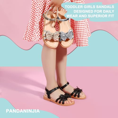 Image of PANDANINJIA Girls Sandals, Open Toe Cute Bow Princess Girls Flats, Sparkly Summer Dress Shoes Sandals for Toddler /Little Kid /Big Kid