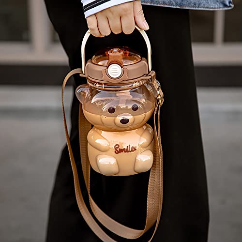 Kawaii Bear Straw Bottle,Large Capacity Bear Water Bottle With Strap And Straw, Cute Water Bottles For School And Outdoor Travel (1000Ml Brown) #TOP5