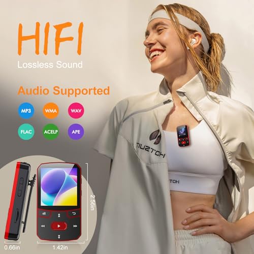 Image of RUIZU 64GB Clip MP3 Player with Bluetooth 5.3, Portable Music Player with Voice Recorder for Sports Running, FM Radio, A-B Repeat, Audio Shuffle Resume Playback, Support 128GB Micro SD Card, Red