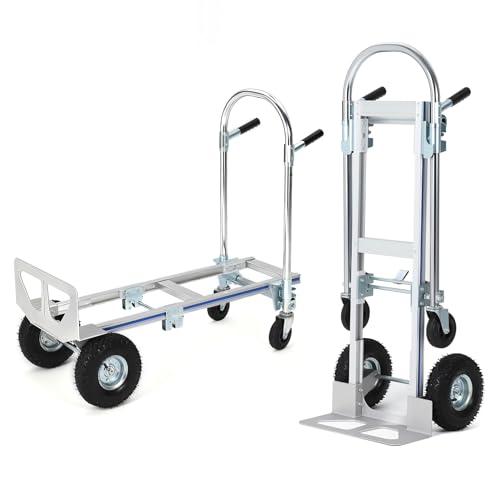 Image of Aluminium 2‑in‑1 Folding Hand Truck & Platform Cart - Convertible sack truck with 10" pneumatic tyres, 5" PU swivel castors, one‑click switch, beveled nose plate, 363kg (800lb) heavy duty