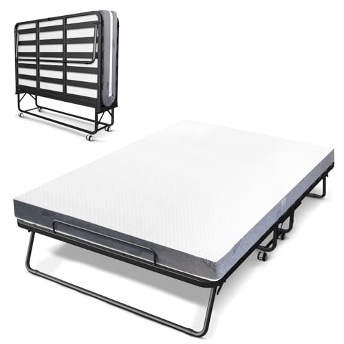 Sapphirana 75 x 46 Folding Bed with Mattress for Adults, 5 Inch Memory Foam Mattress, Portable Foldable Rollaway Guest with Strong Metal & Wood Frame, Side Pocket