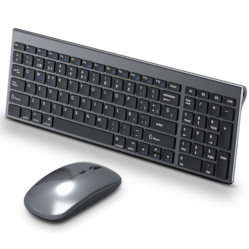Teclado y Ratón Inalámbricos Recargable Tsemy   Bluetooth 5.0 y USB 2.4G Dual Mode, Diseño Español Compacto y Silencioso   Compatible con Windows, Mac, PC, Tablet
