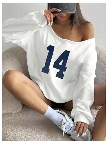 Women's Y2K Jersey Sweatshirt Number Print Off Shoulder Sweatshirt Long Sleeve Asymmetrical Shoulder Loose T Shirt4