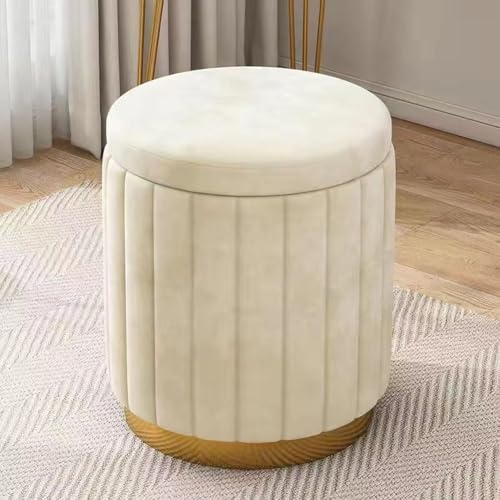 Tabouret rond en velours beige avec rangement coffre pour salon et chambre