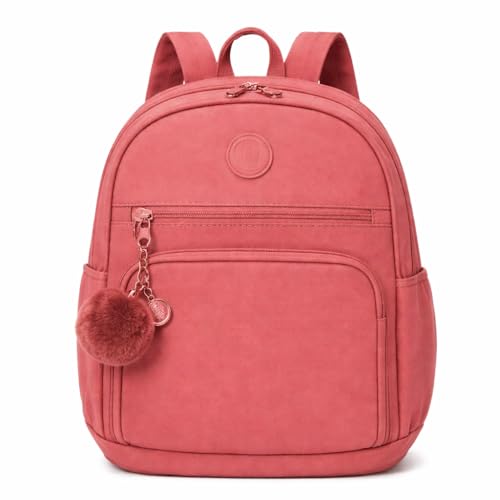 Mochila Pequena Feminina em Tactel com Pompom Premium Impermeável, Leve e Resistente, Design Moderno com Zíper Reforçado, Mochilinha de Nylon Resistente a Água (Terracota)