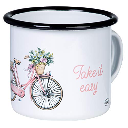 Keep it Simple - Take it Easy TASSENWERK | Emaille Tasse mit Fahrrad Design | Emaille Becher bruchfest und leicht für Radler, Camping und