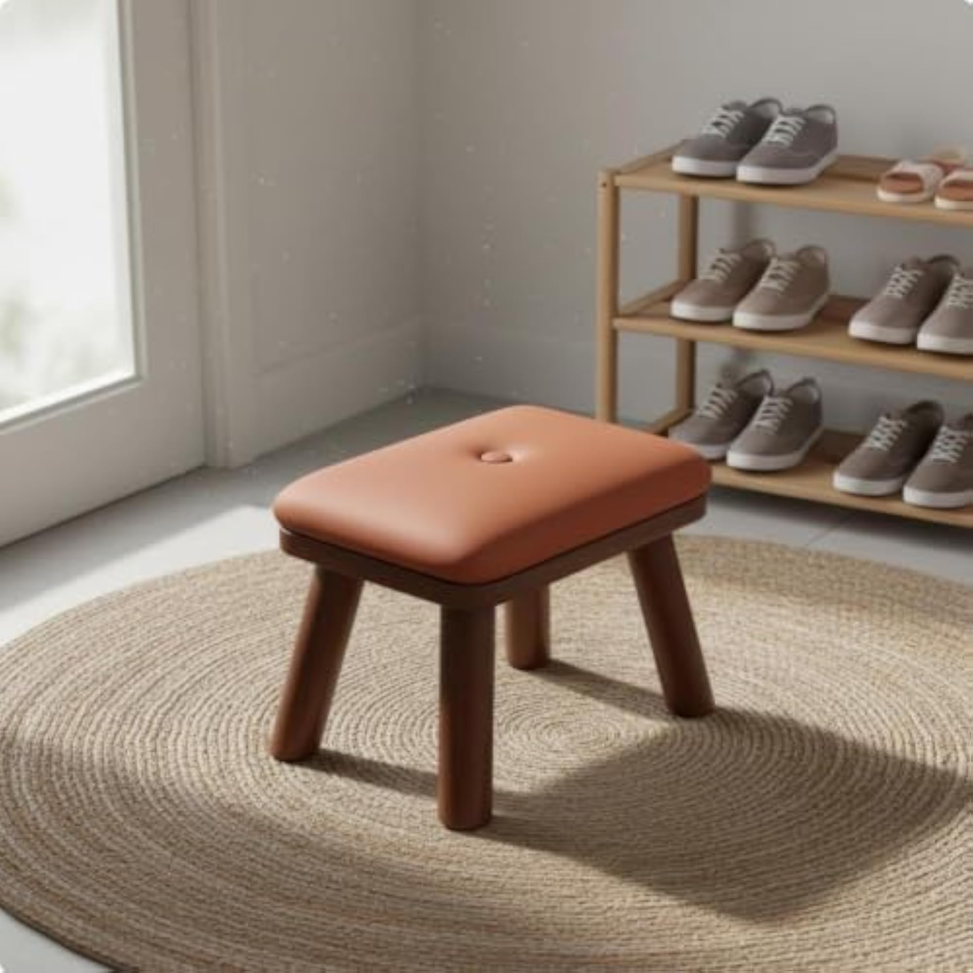 Wooden Shoe Changing Stool, Upholstered Footstool for Kids, Brown