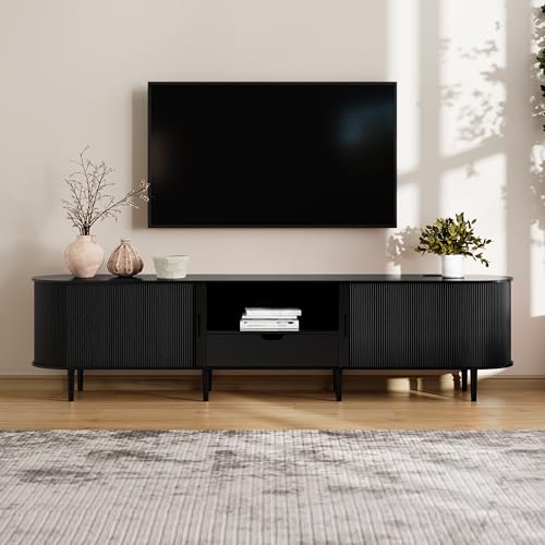 Image of DHH 86.6 inch Fluted TV Stand with Power Outlet for TVs up to 90 inch, TV Console with Adjustable Shelves and Sliding Door,Mid Century Modern Entertainment Center for Living Room,Bedroom (Black)