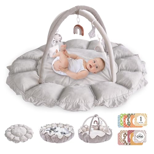 Image of 5-in-1 Convertible Baby Play Gym with 6 Toys, Tummy Time Mat for Sensory Development, Baby Activity Center from Newborn to Toddler, Ball Pit, Cat & Dog Bed, Soft Plush Pet Bed, No Ball Included