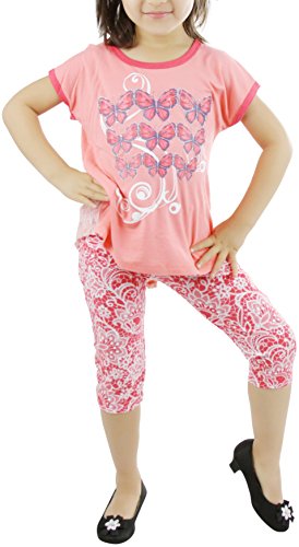 Image of ToBeInStyle Girl's 2 Piece Outfit Top & Leggings Set Casual Graphic Shirt Capri Pants