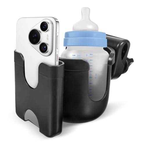 Stroller Cup Holder Attachment with Phone Bracket,A Must-Have 2-in-1 Water Bottle Holder for Baby Travel,Stroller Cup Bracket Universal for Wheelchairs, Baby Carriages, Bicycles,Scooters