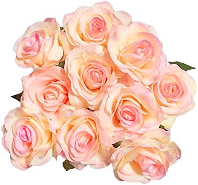 IPOPU 10 Pcs Romantic Real Touch Artificial False Latex Silk Blooming Roses Bouquet Floral Leaf for Home Wedding Party Garden Bridal Hydrangea Decorations DIY (Light Pink Rose)
