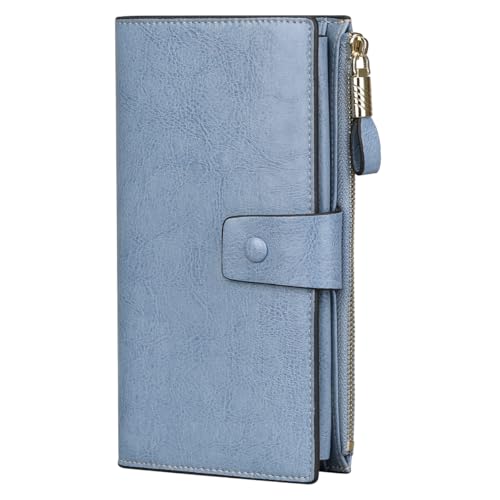 Image of Itslife Womens Wallet RFID Blocking Large Capacity Luxury Wax Genuine Leather Wallets Clutch Wallet Ladies Card holder,Denim Blue