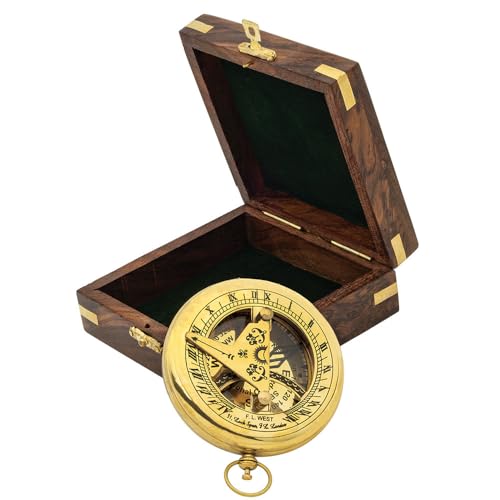 Brújula de bronce con reloj de sol y estuche de madera miniatura 1