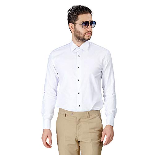AZAR White Tuxedo Herringbone Textured French Cuff Dress Shirt with Black & Silver Studs/Cufflink4