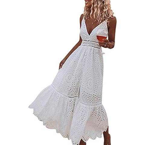 BerryGo Women's Embroidery Pearl Button Down Dress V Neck Spaghetti Strap Maxi Dress, A-white, 8-10 Cover
