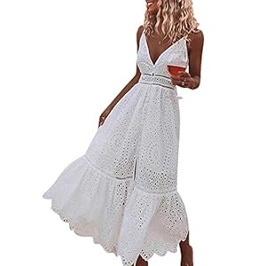 BerryGo-Womens-Embroidery-Pearl-Button-Down-Dress-V-Neck-Spaghetti-Strap-Maxi-Dress BerryGo Women's Embroidery Button Down Cotton Dress V Neck Spaghetti Strap Maxi Dress White-M