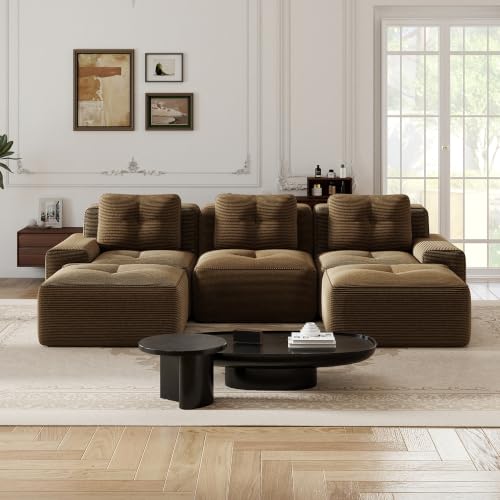 Image of 117 inch U-Shaped 3-Seater Modular Boneless Couch with 2 Ottomans, Cozy Corduroy Upholstery, Deep Seat Cloud sectional Sofa, No Assembly Anti-Slip Stable Design, Brown