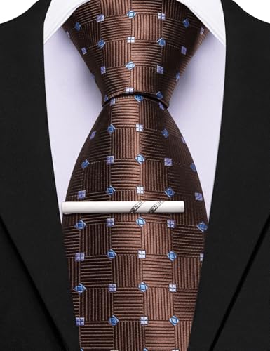 Image of Barry.Wang Plaid Ties Mens Silk Necktie and Tie Clip Checkered Tie for Wedding Party Business Formal