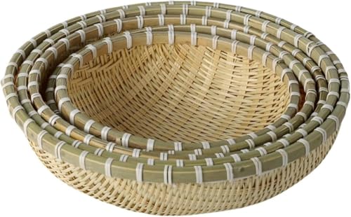 Zxyler 天然竹製 竹ざる 丸型 浅口 竹編み 水切りざる 干し野菜 果物 盛り付け 下ごしらえ 収納バスケット 多用途 (大きい4点セット)