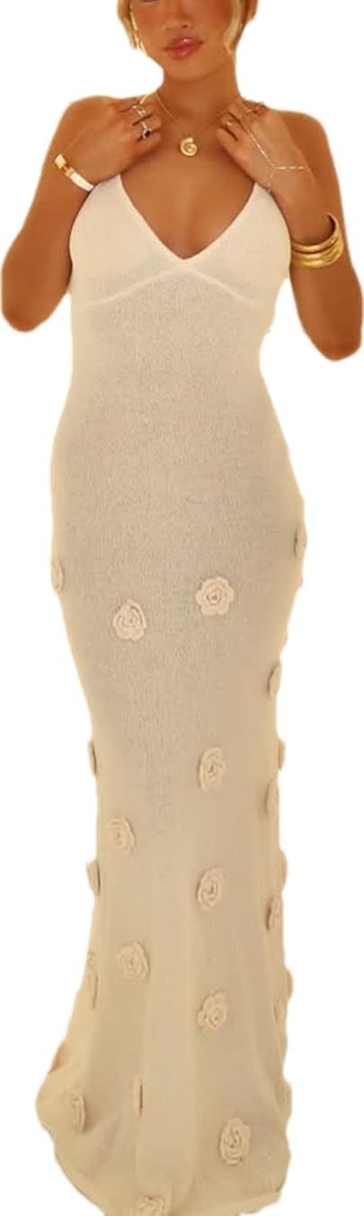 LOUSEA Womens See Through Knit Maxi Dress Tie Back Flower Dresses Sexy Spaghetti Strap Bodycon Dress Crochet Knit Coverup
