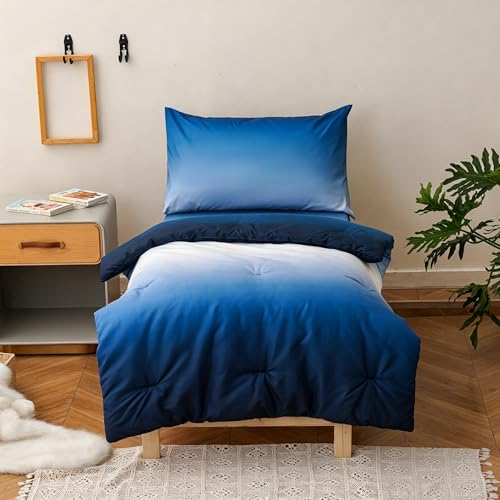 Image of Wellboo Blue White Gradient Toddler Bedding Sets for Girls Boys Ocean Sea Blue 4 Pieces Soft Crib Bed Set Including Comforter, Sheets and Pillowcase Kids Soft Abstract Art Watercolor Quilt Warm