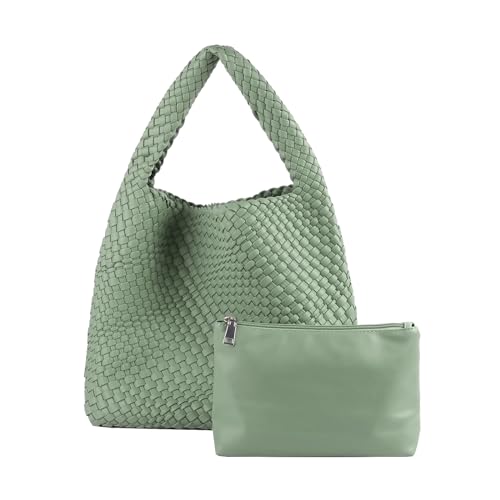 Image of Woven Tote Bag for Women with Purse, Vegan Leather Hobo Bags Large Handmade Underarm Shoulder Bag