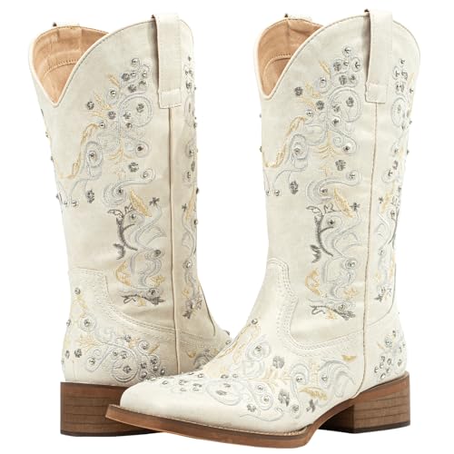 SheSole Women Cowboy Boots Sparkle Western Cowgirl Boots for Ladies Rhinestone Wide Square Toe Mid Calf Floral Shoes