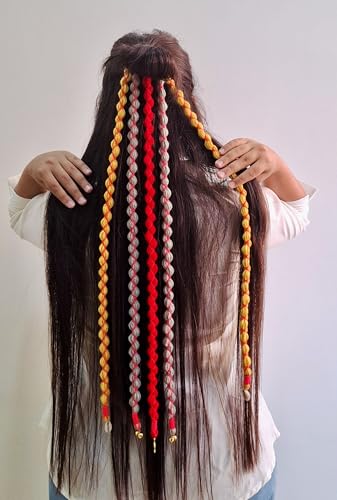 Image of Zippy Flora Boho Handmade Rang Wool Parandi Hair Accessory | Handmade Boho Braided Hairband for Women | Traditional Ethnic Look | Perfect for Navratri & Festive Looks |Full Length (Red,20-22 Inches)