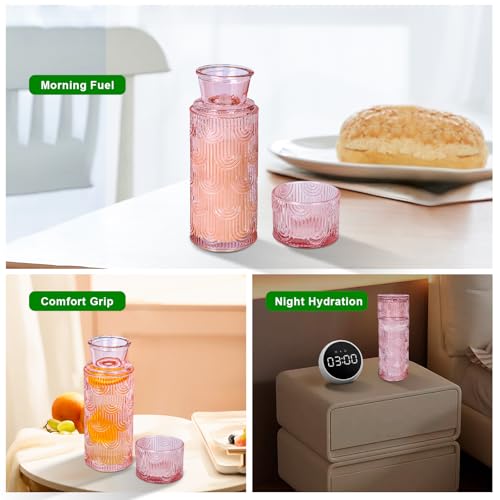 21.6 Oz Glass Carafe with Lid, Elegant Bedside Water Carafe and Glass Set - Pink by Azuredecom - Image 3