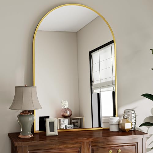 Image of VooBang Arched Wall Mirror, 26 x 41 inch Arch Bathroom Mirror, Wall Mounted Vanity Mirror with Arch Metal Frame, Modern Bathroom Vanity Mirror for Bedroom, Living Room, Hanging or Leaning, Gold