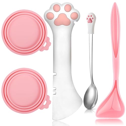Yaure Joy 5 Pcs Pet Food Can Supplies Set - Dog and Cat Food Lid, Can Opener, Spoons for Wet Food (Pink)