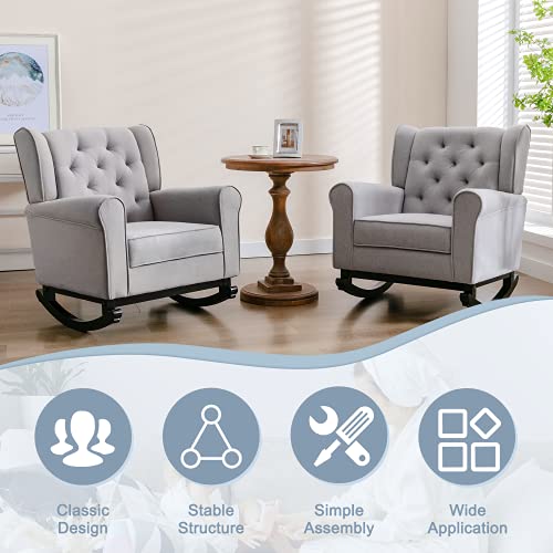 Mellcom Mid Century Modern Rocking Chair, Tufted Upholstered Glider Rocker Chair With High Back, Linen Fabric Wingback Armchair For Nursery, Living Room, Bedroom, Gray #TOP6