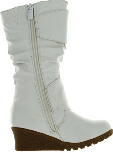 Lucky Top Girls Pure-65K Kids Fashion Slouch Buckles Mid-Calf Zipper Wedge Heel Boots,White,92