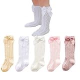 TIBE PINCESS Baby Girls Knee High Socks Toddler Bow Mesh Breathable Dress Socks Kids Cotton Tube Uniform Stockings 5-Pack Lace Size 0-12 Months