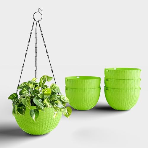 Image of YUCCABE ITALIA SHERA URO-Basket Plastic Flower Pot with Drainage Holes Round Planter Pot Suitable for Inddor Outdoor Kitchen (Green, 6 INCH - 6 Pcs)