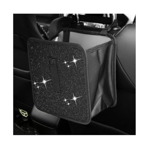 Image of Car Trash Can, Bling Rhinestone Crystal Waterproof Hanging Garbage Bag for Car Interior, Oxford Leakproof Foldable Waste Organizer Trash Bin Universal for Most Vehicles (Black)