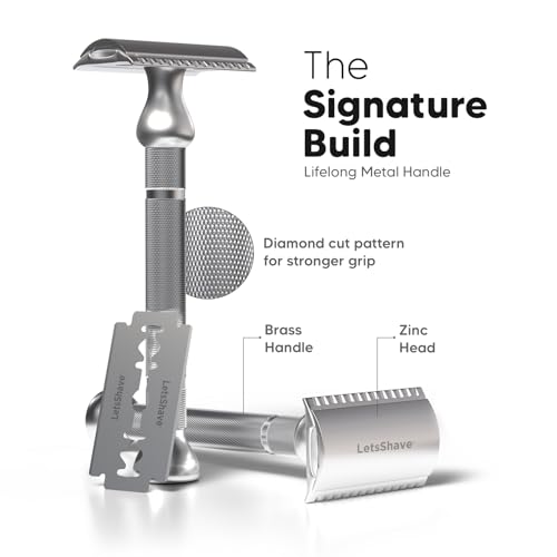 Image of LetsShave Pro Signature DE Safety Razor for Men (+10 Blades, 1 Alum Bar) | Double Edge Classic Razor with Stainless Steel Blades | Premium Metal Handle for Precision & Control | Traditional Single Blade Shaver