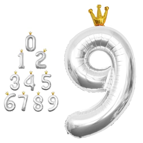 MORAINJAY Ballons Numériques 40 pouces en argent avec Couronne - Ballons en Aluminium pour Anniversaires, Diplômes et Anniversaires - Ballons Auto-gonflables Chiffres 0-9