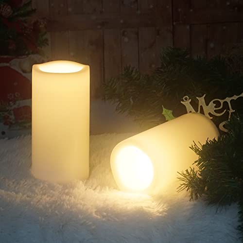Image of CANDLE CHOICE Large Waterproof Outdoor Battery Operated Flameless Candles Remote Timer Big Ivory Plastic Bright Flickering Electric LED Pillars Lantern Patio Garden Wedding Decoration 4 inch(D)x8 inch(H) 2PCS