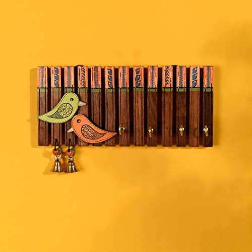 Image of Aakriti Art Creations Key Holder, Handcrafted Tribal Art Wooden Strips & Birds Key Hanger | Rustic Wood Wall Organizer with 4 Hooks | Storage Shelf For Keys, Hats | Multifunctional Entryway Decor Item