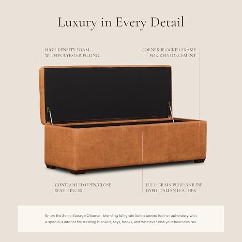 Image of POLY & BARK Senja Storage Ottoman - 52 inch Large with Feather-Down Topper - Full-Grain Leather Upholstered Ottoman Box - Bench or Bedroom Storage - Vintage Italian Leather in Cognac Tan