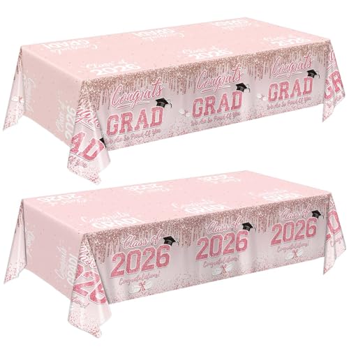 QIYANPAX Graduation Tablecloth, Rose Gold Graduation Decorations Class of 2026, Disposable Plastic Pink Tablecloths for Congrats Grad Party Decorations, 54 x 108 Inch, 2 Pack