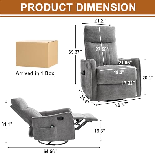 Image of Manual Swivel Rocker Recliner Chair for Adults, Overstuffed Reclining Glider Chair for Nursing with Vibration Massage & Heat, Living Room Rocking Recliner 2-Stage backrest, Chenille Fabric Dark Gray