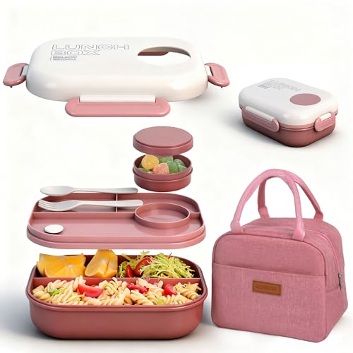 Lunch Bento Box Set - 3 Compartment Containers for Kids and Adults,lunch box for women with Thermo Lunch Bag, Leak-Proof and BPA-Free - Built-in Utensil Set,Sauce - Dishwasher Safe-Claret