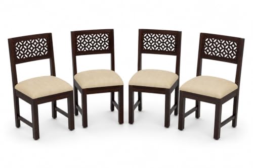 Image of Solid Sheesham Wood Dining CNC Chair for Living Room & Dining Room | Wooden Chair with Upholstered Cushion Seat | Handcrafted Carved Backrest | Walnut Finish (Set of 4)