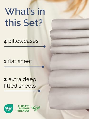 Image of Extra Deep Split King Sheet Set - 7 Piece Breathable & Cooling - Light Grey | Hotel Luxury Bed Sheets Set, Easy & Secure Fit, Ultra-Soft, Wrinkle & Fade Free, Comfy Sheets Set with Extra Deep Pockets