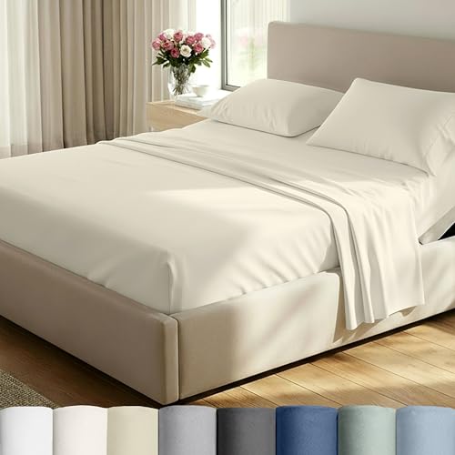 Image of California Design Den Split King Size Sheet Set -100% Cotton, 500 Thread Count Sateen, Deep Pocket Bedding for Adjustable Beds, Includes Twin XL Fitted Sheets & Pillowcases - Ivory (Beige Tone)